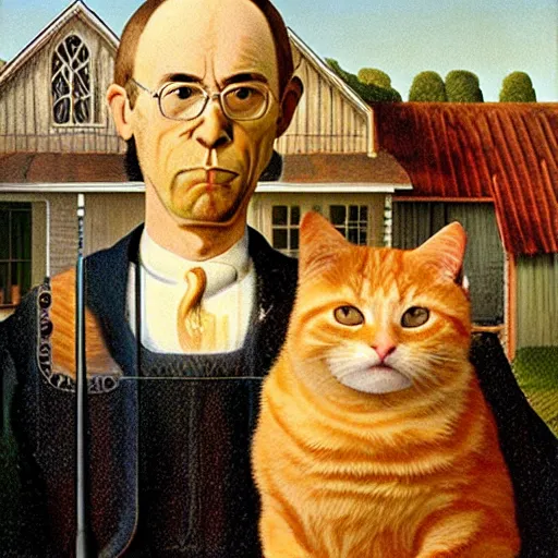 Prompt: fat orange tabby cat next curly haired man, american gothic by grant wood