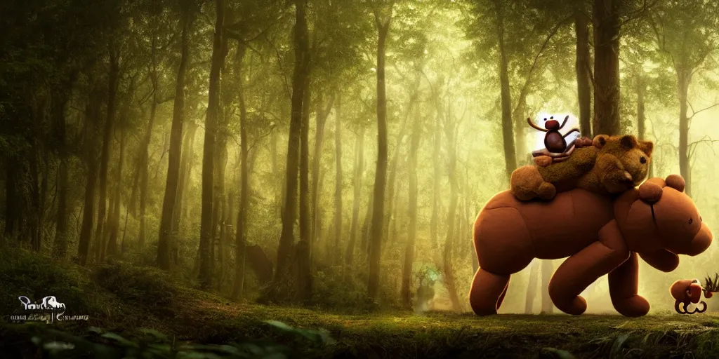 Image similar to a giant ant is riding a giant teddy bear in a forest, moody, cinematic light, matte painting, concept art, highly detailed, 8k