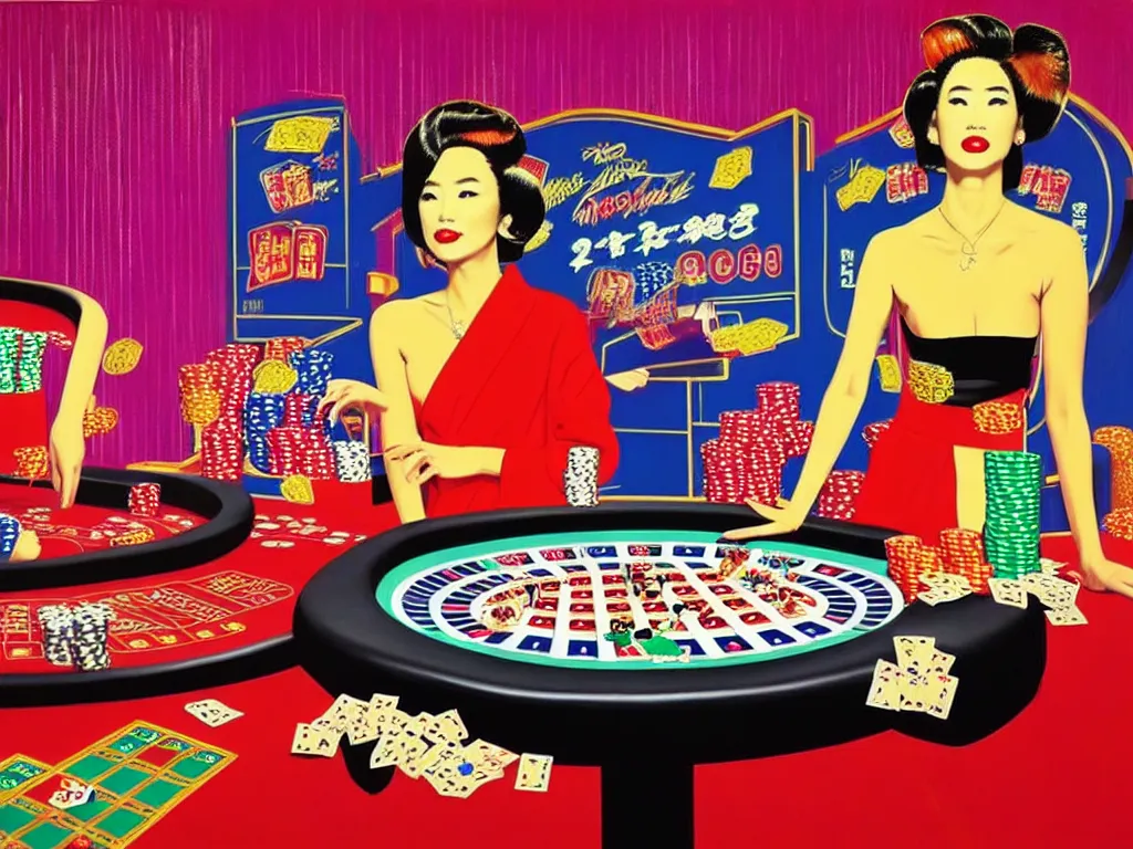 Prompt: hyper - realistic composition of a room in a casino with an extremely detailed poker table, croupier in traditional japanese kimono standing nearby fireworks in the background, pop art style, jackie tsai style, andy warhol style, acrylic on canvas