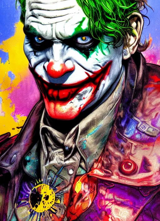 Prompt: abstract portrait of the joker in gears of war, city in the background, the joker 2 0 1 9, studio lightning, beautiful face and eyes, rule of thirds, face symmetry, colourful spray paint splatters, expressive, fine art, by jeremy mann, by alphonse mucha, by monet, 4 k, 8 k, correct body proportion, vivid cinematic style