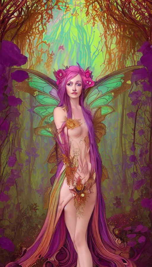 Prompt: a colorful and provenance and stunningly beautiful female faerie priestess in amanita muscaria forest landscape, symmetrical wings on back, neon hair, fantasy art, wearing a dress of gossamer gold, dark light night, sharp focus, digital painting, 4 k, concept art, art by charlie bowater and alphonse mucha, brom, face by otto schmidt