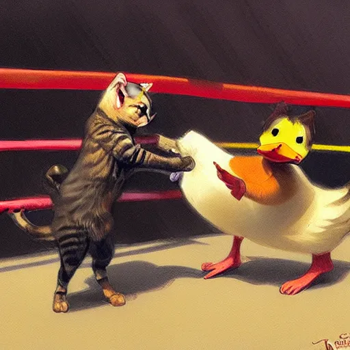 Image similar to cat and duck battle in a boxing ring, highly detailed, digital painting, artstation, concept art, sharp focus, illustration, art by greg rutkowski and alphonse mucha