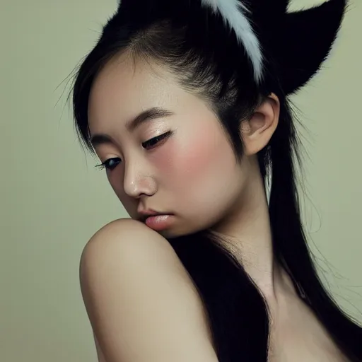 Image similar to full body aesthetic photograph of a beautiful young Japanese woman with furry white cat ears, by Nick Knight, headshot, realistic, photorealistic, HD, 4k resolution