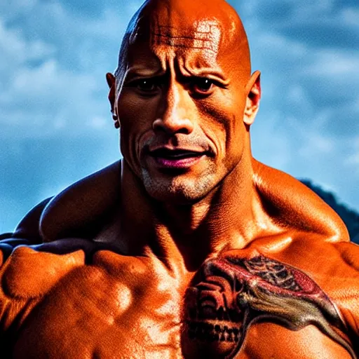 Prompt: dwayne johnson as a monster made of orange rock, orange stone, craggy rock, rough rock, realistic photo