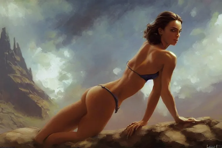 Image similar to A beautiful oil painting of pretty Nathalie Portman in bikini, by Lucas Graciano, Frank Frazetta, Greg Rutkowski, Boris Vallejo, epic, fantasy, character art, high fantasy