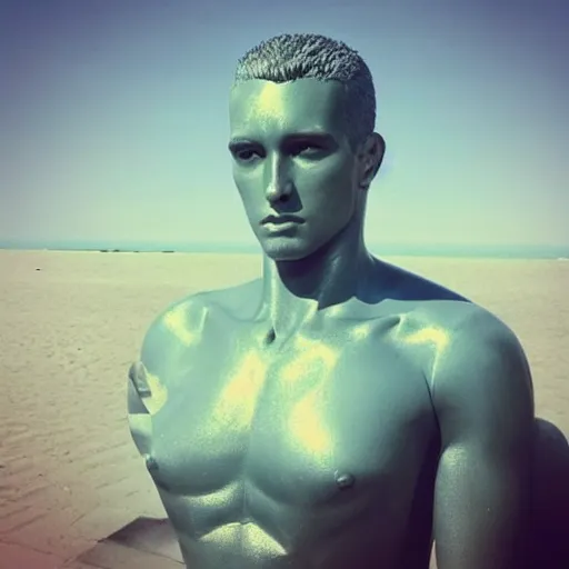 Image similar to “a realistic detailed photo of a guy who is an attractive humanoid who is half robot and half humanoid, who is a male android, Mike the Situation, shiny skin, posing like a statue, blank stare, at the beach, on display”