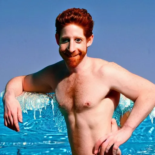 Prompt: actor Seth Green posing for picture in swimming trunks, photograph