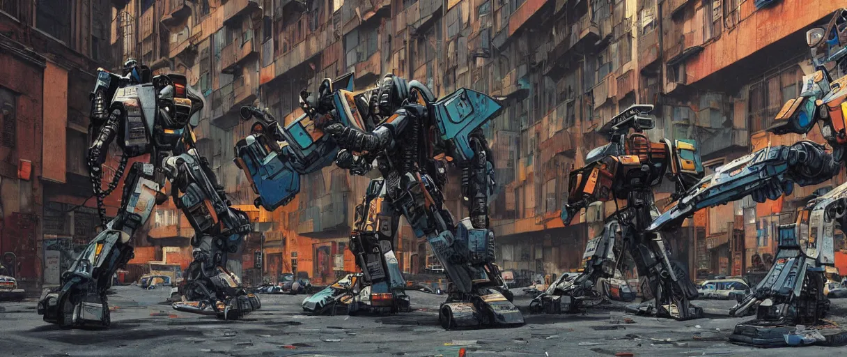 Image similar to chappie battles ed - 2 0 9 in a ghetto in nyc, circa 9 0 0 0, designed by syd mead moebius sorayama jack kirby, hdr, photorealistic, graffiti background, octane render, 8 k