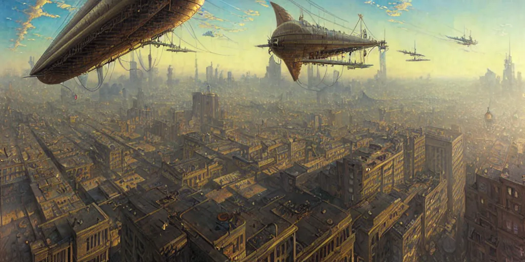 Image similar to steampunk airship above a busy city, exquisite details, denoised, mid view, by norman rockwell, karl kopinski, artsation, greg rutkowski, makoto shinkai, takashi takeuchi, studio ghibli