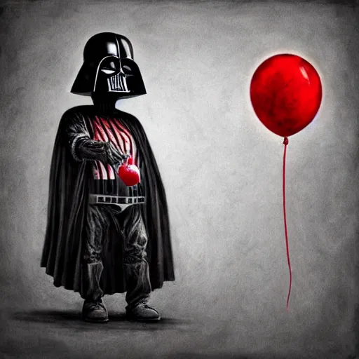 Prompt: surrealism grunge cartoon portrait sketch of death vader with a wide smile and a red balloon by - michael karcz, loony toons style, freddy krueger style, horror theme, detailed, elegant, intricate