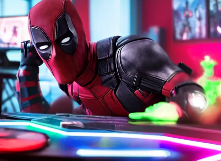 Image similar to film still of Deadpool working as a twitch streamer next to his RGB gaming PC in his neon lit bedroom in the new Deadpool movie, 4k