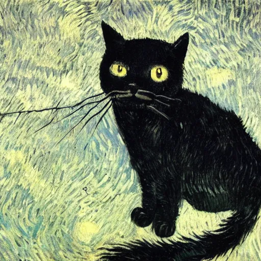 Prompt: close - up, black. realistic. cat. with a long, fluffy. sparkly. wool. he stands on his hind legs. in a long black coat and a long black coat. winks with his eye.. fantasy background. an image in the style of van gogh. clear details. the oil painting is a masterpiece.