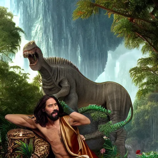 Prompt: a detailed matte painting of a ridiculously good looking jesus who is best friends forever with a tyrannosaurus rex, elegant ancient greek dress, jungle as the background, drinking a martini, very detailed, beautiful, intricate, art by greg rutkowski and robert e howard, octane render