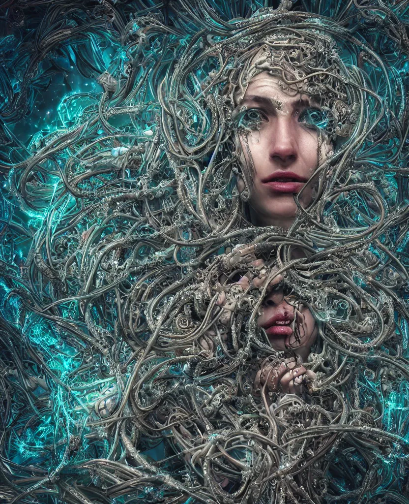 Prompt: beautiful portrait of the priestess of pain and sorrow, entangled in intricate tendrils, bio-mechanical cathedral, chaotic swirling ferrofluids, occult, octane render, glow, surreal dramatic lighting, intricate details and ornaments, 8k, cinematic, blur, shallow depth of field, neuro web, plasma, neon