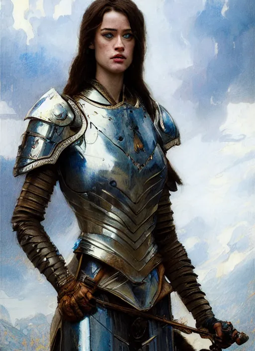 Image similar to mackenzie davis blue eyed, femenine woman, wearing armour, detailed by gaston bussiere, bayard wu, greg rutkowski, maxim verehin, greg rutkowski, masterpiece, sharp focus, cinematic lightning