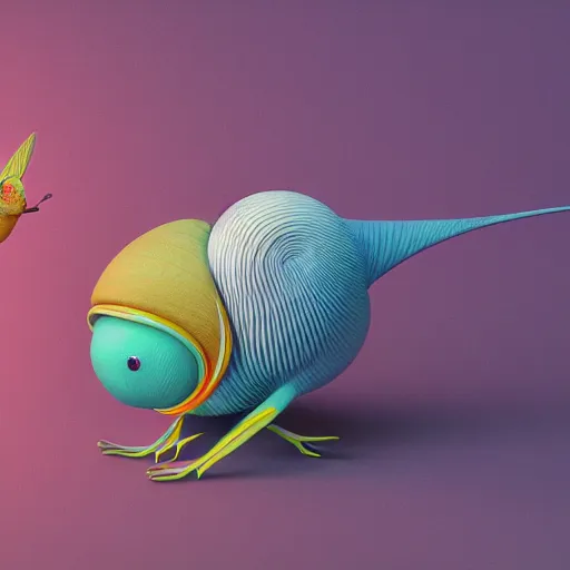 Prompt: a snailbird, a snailbird is a personified happy snail mixed with a bird, has wings, has snail shell, octane render, uhd, by beeple, james jean and petra collins,
