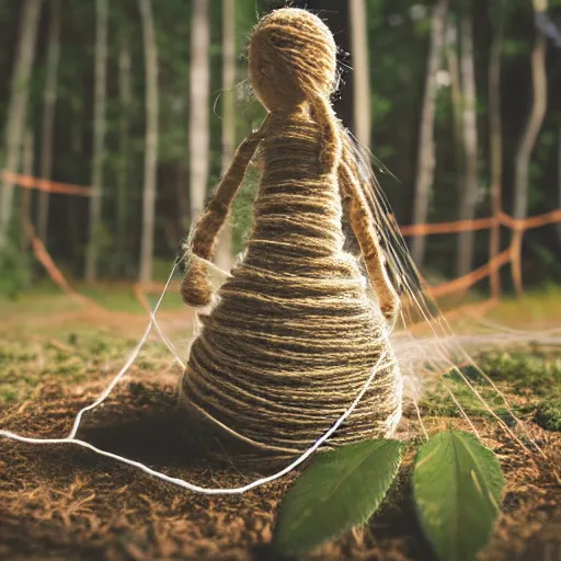 Image similar to a female made out of string surrounded by forest cinematic, 8 k, depth of field, bokeh.