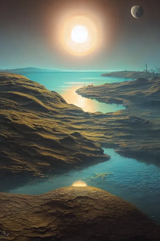 Image similar to matte sharp painting of a tranquil planet where the craters meet a cosmic lake, artstation behance by emilia dziubak, will terry, greg olsen, chris mars, ann long, and mark brooks, lisa frank, dramatic,