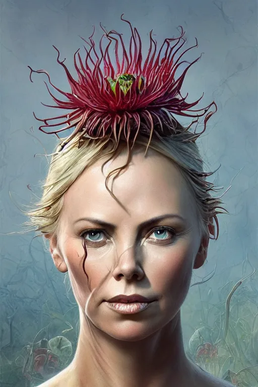 Image similar to Portrait of Venus flytrap with face of Charlize Theron, intricate, highly detailed, smooth, artstation, digital illustration by Ruan Jia and Mandy Jurgens and Artgerm and Wayne Barlowe and Greg Rutkowski and Zdislav Beksinski