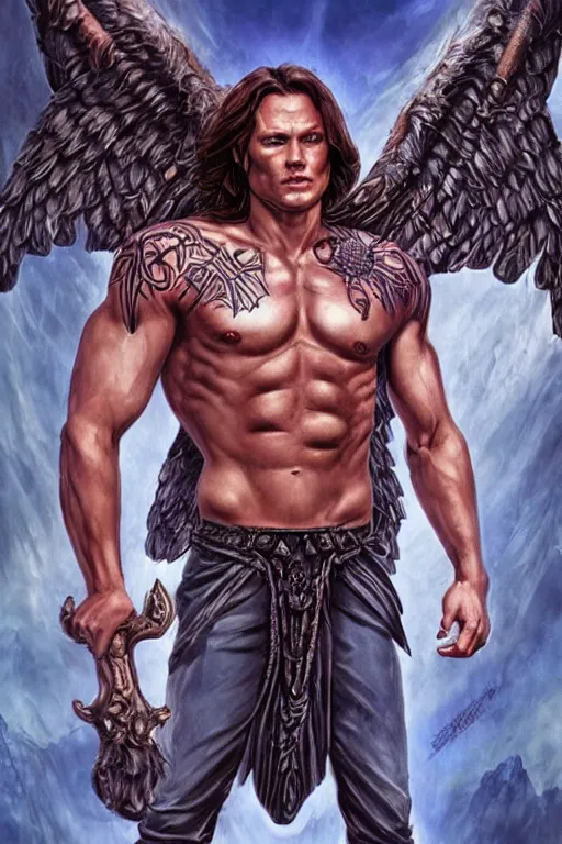 Prompt: Sam Winchester as a muscular angel with demon wings wide open, whole body tattooed with runes and satanic symbols, urban fantasy romance book cover, D&D!, fantasy style, sharp focus!, ultra detailed, art by Artgerm and Peter Andrew Jones, WLUP