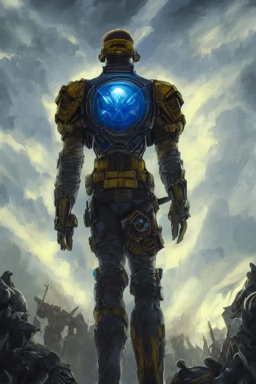 Image similar to a distant shot of a super soldier with blue and yellow flag and standing alone on a huge pile of human skulls as a winner, masculine figure, D&D, fantasy, bright hopeful atmosphere, volumetric lights, beam of bright light through the clouds, intricate, elegant, highly detailed, extremely detailed, digital painting, artstation, concept art, matte, smooth, sharp focus, hyper realistic, illustration, art by Artgerm and Greg Rutkowski and Alphonse Mucha