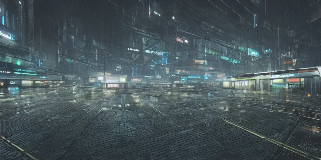 Prompt: equirectangular projection grid of a futuristic bladerunner cyberpunk trainstation in the rain at night, volumetric lighting 4K Spherical Panorama RealityEngine PhotoRender hyperdetailed cinematic