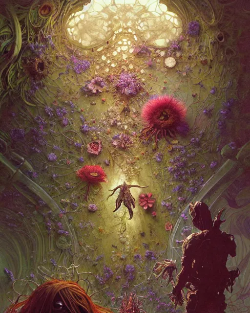 Image similar to the platonic ideal of flowers, rotting, insects and praying of cletus kasady carnage davinci dementor chtulu mandelbulb mandala ponyo dinotopia the witcher, fantasy, ego death, decay, dmt, psilocybin, concept art by randy vargas and greg rutkowski and ruan jia and alphonse mucha