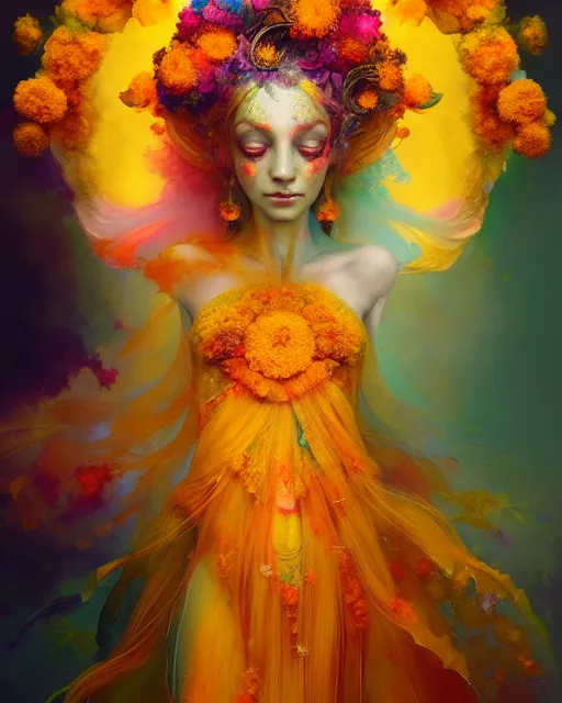 Image similar to Full View Portrait Mystical ethereal marigold deity wearing beautiful dress, marigold Dryad, 4k digital masterpiece by Anna dittman and Ruan Jia and Alberto Seveso, fantasycore, Hyperdetailed, realistic oil on linen, soft lighting, marigold background, featured on Artstation