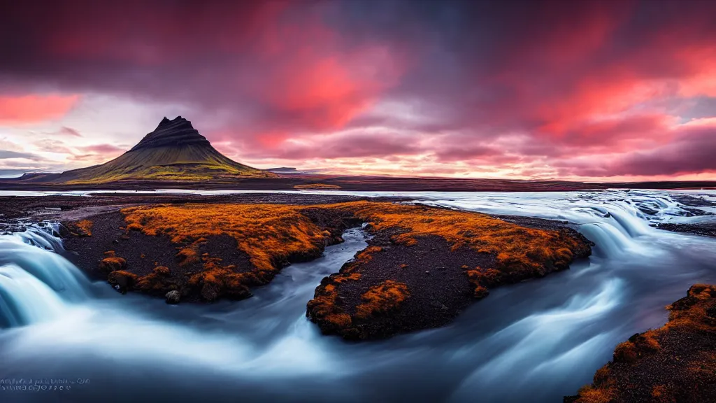 Image similar to amazing landscape photo of iceland in sunset by marc adamus, beautiful dramatic lighting