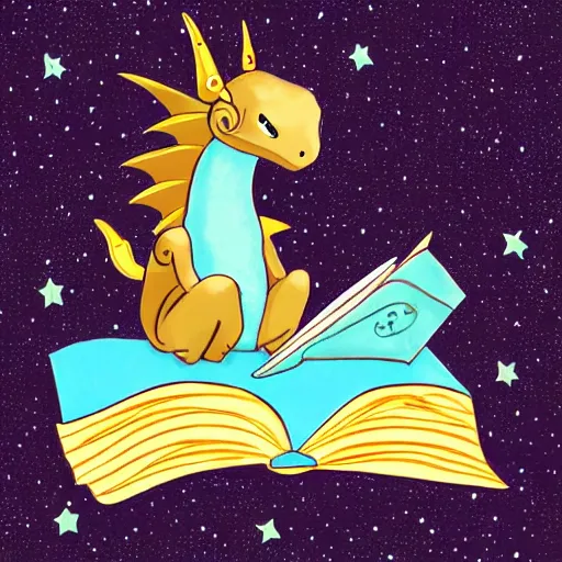 Image similar to cute dragon reading a book underneath the stars
