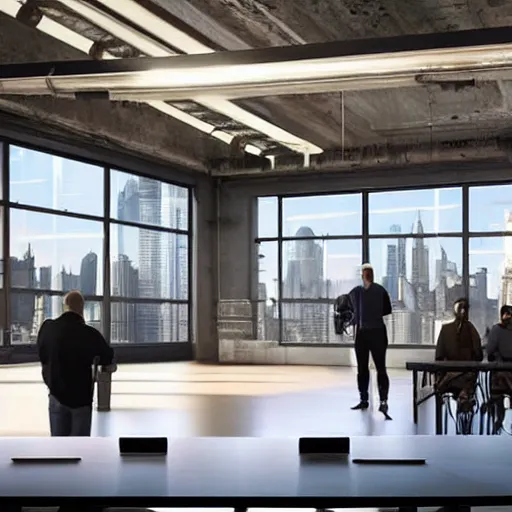 Image similar to cinematic concept, located in empty industrial warehouse with sunlight streaming through the windows, a large table in the middle of the frame that takes up a lot of space, a group of people standing around the table, on top of the table is a large hologram of a city futuristic city, some people are wearing virtual reality headsets in the foreground