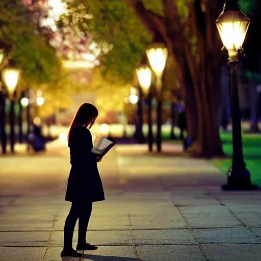 Image similar to a girl reading book, hair flowing down, city park, street lights, contrast, dramatic, by Noel Coypel