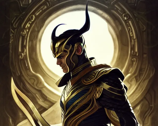 Image similar to Loki in armor, art nouveau, fantasy, intricate science designs, elegant, highly detailed, sharp focus, art by Artgerm and Greg Rutkowski and WLOP