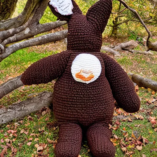 Prompt: a soft chocolate plush rabbit hand stitched with love and showing signs of years of wear and tear now sat alone wearing an old crochet karate uniform beneath an old oak tree above a small valley, photography, photorealistic, national geographic