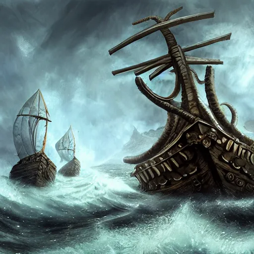 Prompt: kraken breaking epic viking ship, kraken, wrecked ship, centered in picture, epic fantasy, detailed, intricate, digital painting, concept art, realistic, smooth, focus, rim light