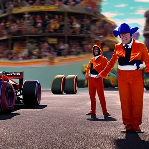 Prompt: willy wonka driving an f1 car with a pit crew of oompa loompas. Beautifully detailed. 8k. Cinematic lighting.