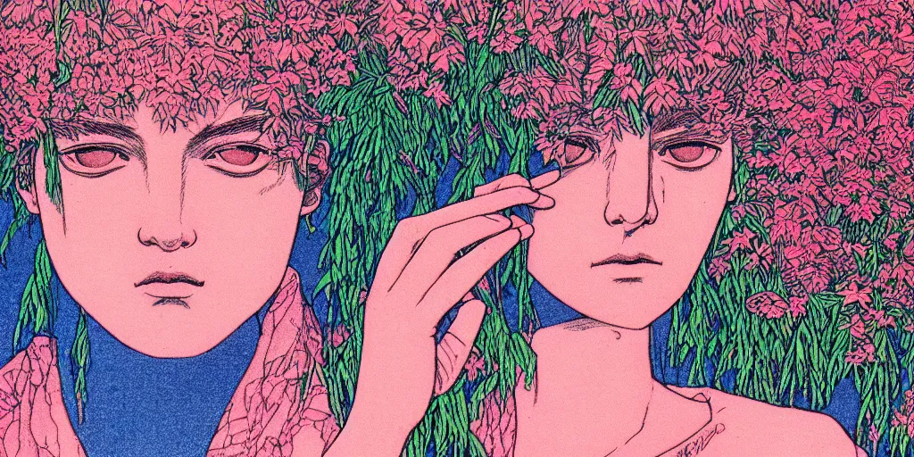 Image similar to risograph grainy drawing protagonist face, pastel colors, with huge piersing, face covered with plants and flowers, by moebius and satisho kon, close - up portrait, perfect blue, paprika