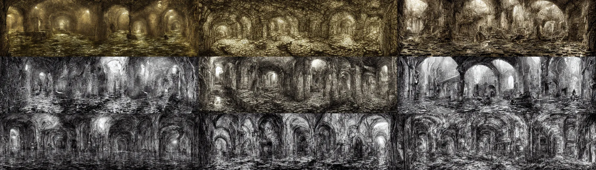 Prompt: inside the endless maze of ancient flooded sewers in the old part of the city. fantasy art, underground, adventure, wet, standing water, channel, canal, muck, mud, stagnant water, stream, channel, musty, moss, sewage, darkness, underground, catacombs, abandoned spaces, torchlight. piranesi and william roger dean.