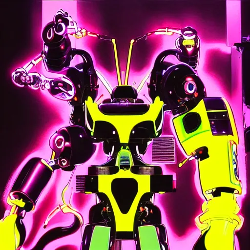 Image similar to the headless full - metal kerberos robot sirius in electrical wired neon yellow noir outfit, with eye - shaped neon lights in its torso, anime poster by yoji shinkawa, artgerm, esao andrews and yoshitaka amano