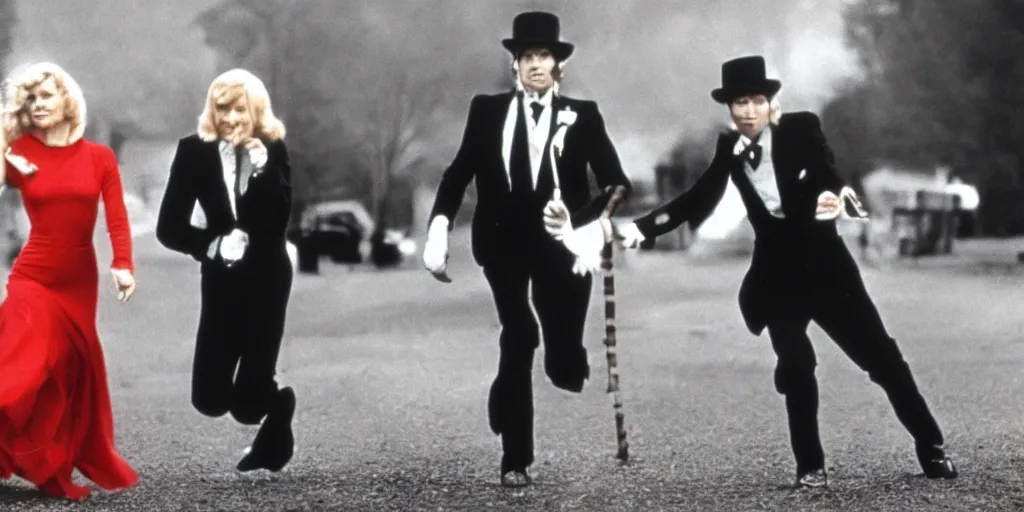 Image similar to a film still of a 70s movie of a blonde young woman wearing a red dress running of a man holding a cane wearing black suit and a bowler hat with a monstrous hat