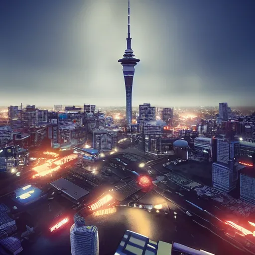 Image similar to auckland city and sky tower utopian, dynamic lighting, cinematic composition, artstation, octane render, ayan nag