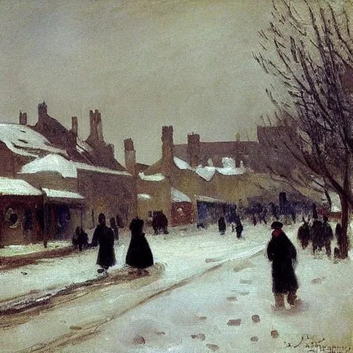 Prompt: A painting of a village during a snow storm, streets, pedestrians, John Singer Sargent, Camille Pissarro