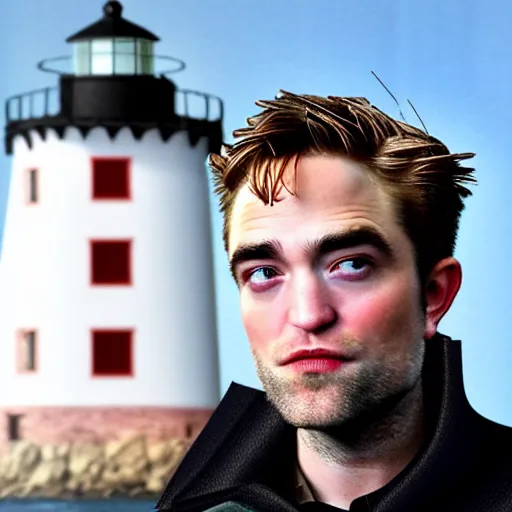 Prompt: Robert Pattinson in front of a lighthouse as a lighthouse keeper