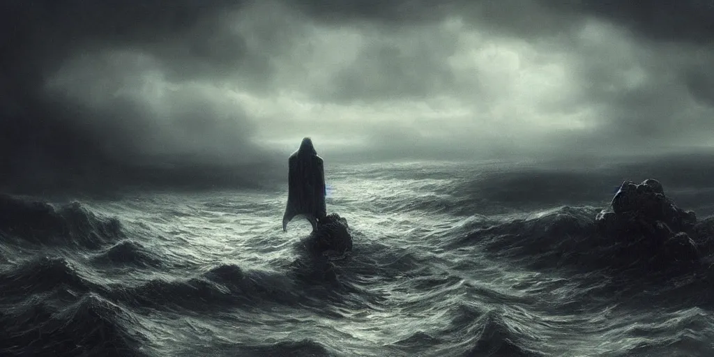 Image similar to cthulhu rising out of the ocean, hyper realistic oil painting, dark, moody cinematic lighting, creepy, fog, storm clouds, by greg rutkowski, trending on artstation