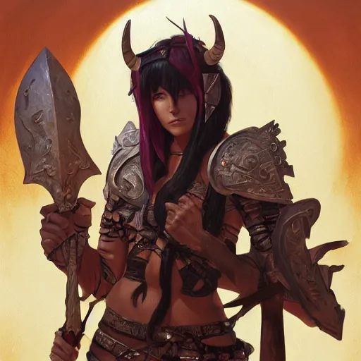 Prompt: portrait of a strong fierce female berber tiefling barbarian with devil horns and black hair holding a large sword and wearing a steel chestplate in a desert, fantasy, seinen, highly detailed, digital painting, pixiv, concept art, character art, art by greg rutkowski, tyler jacobson, alphonse mucha, ross tran and makoto shinkai