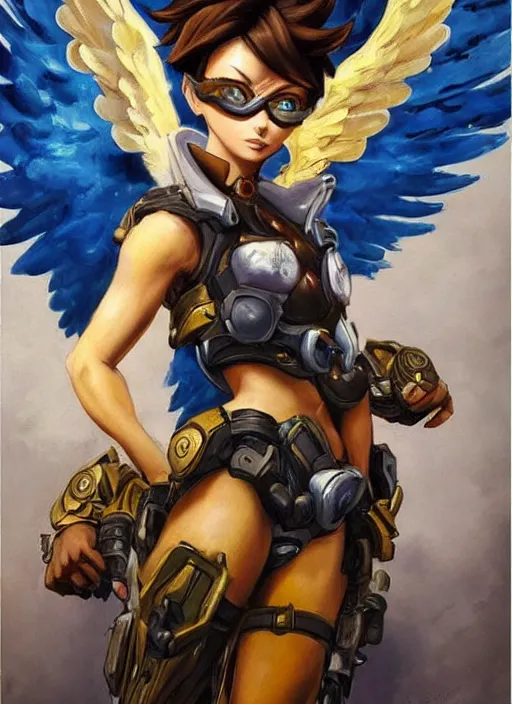 Prompt: full body oil painting of tracer overwatch in the style of frank frazetta, angel wings, dramatic painting, symmetrical composition, ornate, golden chains, silky garment, high detail, gold detailed collar!!!!!, blooming, angelic, lights, flowers, heavenly, bright, detailed face,