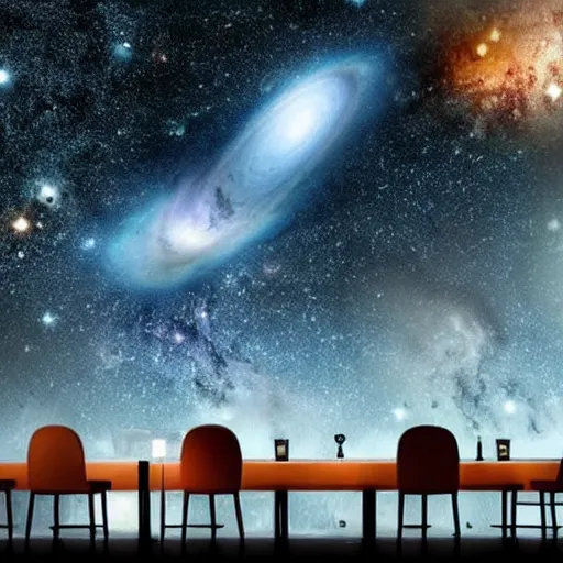 Image similar to the restaurant at the end of the universe, fancy French restaurant, Milky Way galaxy, stars, cosmos, black hole consuming everything, apocalypse, end of the world, beautiful, astounding, outer space, supernova,