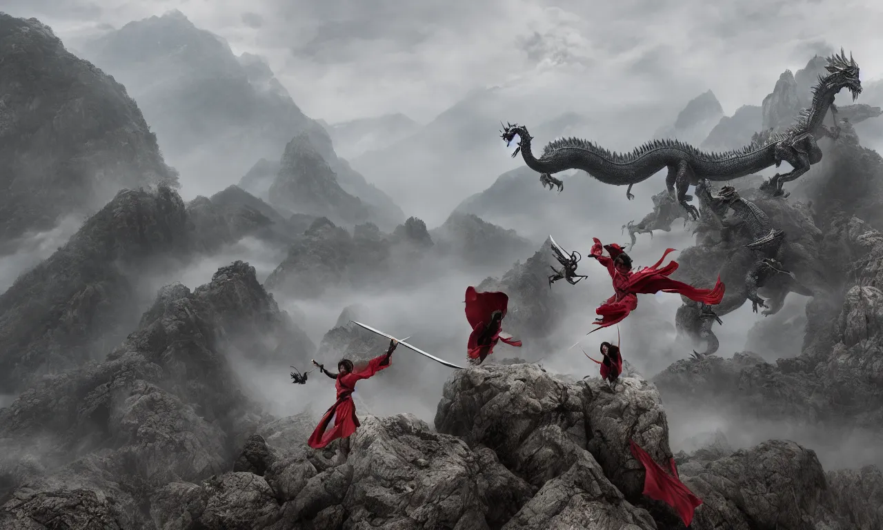 Prompt: a wuxia sword master battling the great oriental dragon on misty mountain , epic cinematic scene , 24mm f4 ,