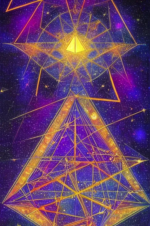 Image similar to visionary art of triangles within triangles of golden light floating in outer space full of stars and galaxies, showing an entrance to another dimension full of light and spiritual joy, elegance and vertical symmetry