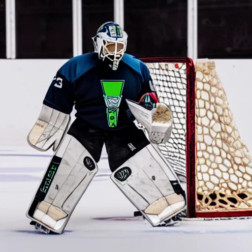 Prompt: ice hockey goalie playing on his ipad